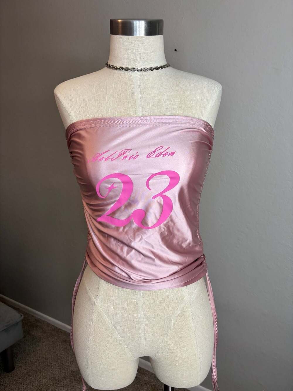Ash Prio Eden Pink Satin Ruched Side Tube Top with 23 Print - Picture 3 of 7